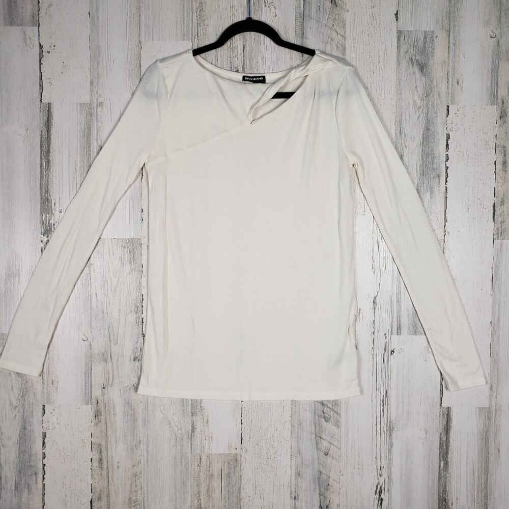 NWOT DKNY Jeans Cream Ribbed Knit Long Sleeve Keyhole Top Women's Size Large